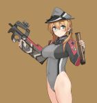  1girl adapted_costume anchor_hair_ornament aqua_eyes bare_legs blonde_hair breasts brown_background bullpup covered_navel gloves grey_leotard gun hair_ornament hat highres holding holding_gun holding_weapon hoshiya_takahito kantai_collection large_breasts leotard long_hair long_sleeves looking_at_viewer low_twintails magazine_(weapon) p90 peaked_cap prinz_eugen_(kancolle) simple_background smile solo submachine_gun twintails weapon 