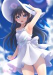  1girl absurdres alternate_costume asashio_(kancolle) black_hair blue_eyes blue_sky cloud day dress hair_between_eyes hand_on_headwear hat highres kantai_collection long_hair makura_(y_makura) outdoors sky sleeveless sleeveless_dress smile solo spaghetti_strap sun_hat sundress white_dress 