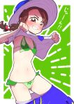  1girl armpits asymmetrical_hair bangs bikini blue_headwear blue_necktie blue_shorts blush border braid breasts brown_eyes brown_hair clothes_lift clothes_pull clothing_cutout collarbone commentary_request cowboy_shot drawstring emphasis_lines female_protagonist_(pokemon_sv) fumirumochigashin green_background green_bikini grin hair_ornament hairclip hands_up happy hat highres lifted_by_self looking_at_viewer navel necktie outline outside_border pocket pokemon pokemon_(game) pokemon_sv shiny shiny_hair shirt shirt_lift short_sleeves shorts shorts_pull side_braid simple_background single_braid small_breasts smile solo sprigatito standing stomach sun_hat swept_bangs swimsuit swimsuit_under_clothes talking teeth translation_request v-shaped_eyebrows white_border white_outline white_shirt 