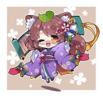  1girl ;d absurdres animal_ear_fluff animal_ears black_footwear blush breasts brown_background brown_hair character_request chibi commentary_request floral_background full_body highres japanese_clothes kimono leaf leaf_on_head long_sleeves looking_at_viewer medium_breasts milkpanda obi one_eye_closed orange_eyes purple_kimono raccoon_ears raccoon_girl raccoon_tail sash scroll semi-rimless_eyewear sennen_sensou_aigis shadow short_eyebrows sleeves_past_wrists smile socks solo table tail thick_eyebrows two-tone_background under-rim_eyewear white-framed_eyewear white_background white_socks wide_sleeves zouri 