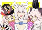  +_+ 3girls animal_ears bow breasts cleavage crepe dobrynya_nikitich_(fate) ear_wiggle ears_through_headwear fate/grand_order fate_(series) food fox_ears glasses hairband hat heart highres kimidorix32 koyanskaya_(assassin)_(second_ascension)_(fate) koyanskaya_(fate) koyanskaya_(foreigner)_(second_ascension)_(fate) long_hair multiple_girls pink_hair tamamo_(fate) top_hat twintails white_hair yellow_eyes 