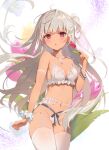  1girl :o bangs bare_shoulders bikini blush breasts cleavage comiket_100 commentary_request dark-skinned_female dark_skin earrings flower grey_hair hand_up highres holding holding_flower jewelry long_hair looking_at_viewer navel omelet_tomato one_side_up original parted_lips pointy_ears red_eyes red_flower small_breasts solo swimsuit thighhighs very_long_hair white_background white_bikini white_thighhighs 