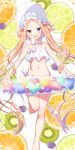  1girl abigail_williams_(fate) abigail_williams_(swimsuit_foreigner)_(fate) abigail_williams_(swimsuit_foreigner)_(third_ascension)_(fate) artist_name bikini blonde_hair blue_eyes bow fate/grand_order fate_(series) food fruit heart highres innertube kiwi_slice lemon lemon_slice lime_(fruit) lime_slice long_hair navel orange_(fruit) orange_slice sakura_tsubame swimsuit twintails white_bikini 