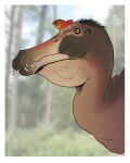  ambiguous_gender blurred_background border brown_body dinosaur feral glistening glistening_eyes hi_res horizontal_pupils imperatorcaesar mouth_closed pupils red_body reptile scalie sharp_teeth side_view solo spinosaurid spinosaurus tan_body teeth theropod unsigned white_border 