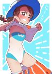  1girl armpits asymmetrical_hair bangs blue_background blue_headwear blue_swimsuit blush border braid breasts brown_eyes brown_hair clothes_lift clothes_pull collarbone commentary_request covered_navel cowboy_shot drawstring emphasis_lines female_protagonist_(pokemon_sv) fumirumochigashin grin hair_ornament hairclip hands_up happy hat highres lifted_by_self looking_at_viewer necktie one-piece_swimsuit orange_necktie orange_shorts outline outside_border pocket pokemon pokemon_(game) pokemon_sv quaxly shiny shiny_hair shirt shirt_lift short_sleeves shorts shorts_pull side_braid simple_background single_braid small_breasts smile solo standing strapless strapless_swimsuit sun_hat swept_bangs swimsuit swimsuit_under_clothes talking teeth translation_request v-shaped_eyebrows white_border white_outline white_shirt 