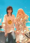  2girls bird black_hair blonde_hair casual closed_eyes dress floral_print holding_hands jewelry long_hair multiple_girls necklace qiu_tong seagull shirt short_hair sitting smile sun_jing tamen_de_gushi tanjiu white_shirt 