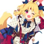  1girl ;d aldin_nicola animal_ear_fluff animal_ears belt belt_buckle beret black_bow blonde_hair blue_bow blue_ribbon blush bow brown_belt buckle commentary_request dress forehead_jewel fox_ears fox_girl fox_tail hair_ribbon hand_up hat highres jacket long_sleeves looking_at_viewer mamyouda off_shoulder one_eye_closed open_clothes open_jacket purple_eyes red_headwear red_jacket ribbon seventh_happiness short_eyebrows signature simple_background sleeveless sleeveless_dress sleeves_past_fingers sleeves_past_wrists smile solo striped striped_bow tail tail_raised thick_eyebrows twintails virtual_youtuber white_background white_dress 
