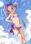  1girl :p arms_behind_back bikini blue_eyes blush bow breasts cameltoe cloud double_bun hair_bow hair_bun hair_intakes highres long_hair magia_record:_mahou_shoujo_madoka_magica_gaiden mahou_shoujo_madoka_magica micro_bikini navel outdoors purple_bikini purple_hair ribbon sky small_breasts solo swimsuit thighs tongue tongue_out twintails wading water yakumo_mikage yappariga 