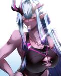  1girl absurdres bangs bare_shoulders black_swimsuit blue_hair blush breasts cleavage collarbone colored_skin eyeliner fate/grand_order fate_(series) grey_skin hair_between_eyes highres horns ibuki_douji_(fate) ibuki_douji_(swimsuit_berserker)_(fate) large_breasts long_hair looking_at_viewer makeup mouth_hold multicolored_hair one-piece_swimsuit oni oni_horns pink_hair pink_swimsuit pointy_ears red_eyes sidelocks swimsuit tgxx3300 two-tone_swimsuit whistle 