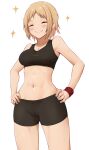  1girl act_(xadachit) alternate_costume bike_shorts blonde_hair blush breasts commission girls&#039;_frontline hands_on_hips happy highres midriff mp40_(girls&#039;_frontline) navel non-web_source playing_sports short_hair simple_background smile solo sparkle sports_bra sweat sweatband toned 