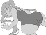  1girl abmayo all_fours alternate_costume ass bangs bare_arms bare_shoulders blush breasts from_behind grey_background greyscale hatsune_miku long_hair medium_breasts monochrome open_mouth simple_background solo swimsuit twintails vocaloid 