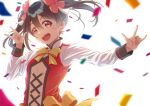  1girl backlighting black_hair bow collared_shirt confetti earrings flower hair_flower hair_ornament happy_birthday highres jewelry looking_at_viewer love_live! macken open_mouth red_eyes shirt simple_background smile solo sunny_day_song white_background yazawa_nico 