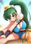  1girl bikini blue_bikini fire_emblem fire_emblem:_the_blazing_blade fire_emblem_heroes flower gonzarez green_eyes green_hair hair_flower hair_ornament high_ponytail highres long_hair lyn_(fire_emblem) lyn_(summer)_(fire_emblem) ponytail side-tie_bikini solo strapless strapless_bikini swimsuit very_long_hair 