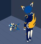  ambiguous_gender android anthro blue_body blue_fur breakdancing cat_breakdancing_meme dancing domestic_cat duo e621 esix felid feline felis floorboards fur hexerade hi_res inner_ear_fluff looking_at_another looking_down machine male mammal mascot meme orange_eyes redcrystal robot tuft 