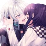  2boys bangs blush checkered_clothes checkered_scarf cheer_(cheerkitty14) closed_eyes danganronpa_(series) danganronpa_v3:_killing_harmony facing_another french_kiss green_eyes grey_background grey_hair hair_between_eyes hand_on_another&#039;s_ear headphones highres jacket keebo kiss long_sleeves looking_at_another male_focus multiple_boys ouma_kokichi power_armor purple_hair scarf shiny shiny_hair simple_background white_jacket yaoi 