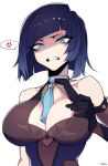  1girl anger_vein blue_eyes blue_hair breasts cleavage disgust genshin_impact grimace j.k. large_breasts looking_at_viewer mole mole_on_breast short_hair signature simple_background solo spoken_anger_vein tassel_choker white_background yelan_(genshin_impact) 