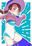  1girl armpits asymmetrical_hair bangs blue_background blue_headwear blue_necktie blue_shorts blue_swimsuit blush border braid breasts brown_eyes brown_hair clothes_lift clothes_pull collarbone commentary_request covered_navel cowboy_shot drawstring emphasis_lines female_protagonist_(pokemon_sv) fumirumochigashin grin hair_ornament hairclip hands_up happy hat highres lifted_by_self looking_at_viewer necktie one-piece_swimsuit outline outside_border pocket pokemon pokemon_(game) pokemon_sv quaxly shiny shiny_hair shirt shirt_lift short_sleeves shorts shorts_pull side_braid simple_background single_braid small_breasts smile solo standing strapless strapless_swimsuit sun_hat swept_bangs swimsuit swimsuit_under_clothes talking teeth translation_request v-shaped_eyebrows white_border white_outline white_shirt 