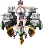  1girl armpits between_breasts black_necktie breasts brown_hair cannon cape closed_mouth detached_sleeves dress full_body galatea_(last_origin) hands_on_hips highres huge_breasts kuuro_kuro large_breasts last_origin looking_at_viewer military military_uniform multicolored_hair naval_uniform necktie necktie_between_breasts official_art short_dress short_hair smile solo standing streaked_hair tachi-e transparent_background turret two-tone_hair uniform weapon white_cape yellow_eyes 