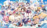  black_hair blonde_hair chibi green_eyes hannya_(onmyoji) hat highres hoshiguma_douji_(onmyoji) japanese_clothes kani_hime_(onmyoji) long_hair looking_at_viewer multiple_boys multiple_girls official_art onmyoji ootengu_(onmyoji) pink_eyes pink_hair red_eyes short_hair shuten_douji_(onmyoji) smile taishakuten_(onmyoji) white_hair 