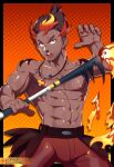  1boy abs biceps black_border border brown_hair collarbone commentary_request dark-skinned_male dark_skin fire gradient gradient_background hand_up highres holding jewelry kiawe_(pokemon) looking_at_viewer lvlv male_focus multicolored_hair muscular muscular_male navel necklace nipples open_mouth pectorals pokemon pokemon_(game) pokemon_sm red_hair red_shorts shiny shiny_skin short_hair shorts solo sweat teeth tongue topless_male upper_teeth veins 