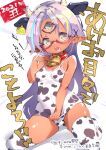  1girl 2021 :o animal_ears animal_print bell bespectacled_third_eye blush breasts chinese_zodiac cmy_ko commentary_request covered_navel cow_ears cow_horns cow_print cowbell dark-skinned_female dark_skin fujishima-sei_ichi-gou glasses grey_hair hair_ornament highres horns indie_virtual_youtuber kneeling long_hair looking_at_viewer multicolored_eyes multicolored_hair neck_bell one-piece_swimsuit pointy_ears semi-rimless_eyewear simple_background small_breasts solo streaked_hair swimsuit thighhighs third_eye translation_request under-rim_eyewear virtual_youtuber white_background x_hair_ornament year_of_the_ox younger 