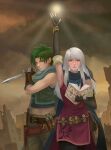  1boy 1girl arm_up armpits bangs bare_shoulders belt black_gloves black_pantyhose blue_scarf book bracelet dagger dress elbow_gloves fingerless_gloves fire_emblem fire_emblem:_radiant_dawn gloves green_eyes grey_hair hair_ribbon half_updo holding holding_book holding_dagger holding_weapon jewelry knife light_rays long_hair looking_at_viewer micaiah_(fire_emblem) midriff pantyhose ribbon scarf serious short_dress side_slit sleeveless sleeveless_dress sothe_(fire_emblem) weapon yagaminoue yellow_eyes 