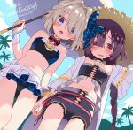  2girls :o bandeau bare_shoulders bikini bikini_skirt black_choker black_shorts blue_bikini blue_eyes blush brown_hair chiba_sadoru choker detached_collar dutch_angle embarrassed grey_hair hat highres holding holding_hands holding_umbrella jacket kirara_fantasia looking_at_viewer media_(kirara_fantasia) multiple_girls navel open_mouth parasol petite shorts strapless strapless_bikini straw_hat sumeragi_utsutu sun_hat swimsuit umbrella wavy_mouth white_jacket 