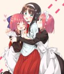  3girls :d apron black_hair blue_bow bow closed_eyes green_eyes hair_bow hairband heart hisui_(tsukihime) holding_hands hug juliet_sleeves kohaku_(tsukihime) long_hair long_sleeves maid maid_headdress multiple_girls open_mouth pink_hair puffy_sleeves red_skirt shirt short_hair simple_background skirt smile standing sweatdrop tanka_kikurage tohno_akiha tsukihime white_apron white_background white_hairband white_shirt 