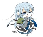  androgynous armor blue_eyes blue_hair character_request chibi dated long_hair mota open_mouth simple_background solo sword weapon white_background 