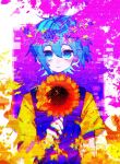  1boy basil_(omori) chromatic_aberration closed_mouth expressionless flower green_eyes green_hair head_wreath highres holding holding_flower looking_at_viewer omori overall_shorts overalls scanlines shirt short_sleeves solo sunflower takenaka_(takenaka1111) yellow_shirt 