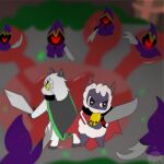  absurd_res ambiguous_gender angry anthro back_to_back bell bell_collar black_collar blurred_background bovid caprine collar cult_of_the_lamb duo fur goat hi_res humanoid lamb_(cult_of_the_lamb) male male/male mammal melee_weapon miyang miyang_draws! red_cape sheep surrounded sword weapon wool_(fur) yellow_eyes 