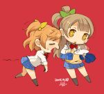  2girls bow brown_hair closed_eyes dated deformed full_body hair_bow hair_ornament kousaka_honoka long_hair love_live! love_live!_school_idol_project minami_kotori mota multiple_girls one_side_up open_mouth orange_hair school_uniform short_hair simple_background skirt 