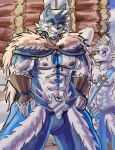  abs anthro anthrofied belt_buckle blue_body blue_eyes blue_fur blush bottomwear broxis bulge cabin cape clothing cloud colored dirt duo feathered_wings feathers fur hi_res kazai_suizahn male mrease muscular muscular_male nipples pants pendant scar slightly_damned smile smirk snow tattoo webcomic white_body white_fur windows_(disambiguation) wings 