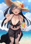  1girl beach bikini black_bikini black_hair black_sarong blush bowl breasts cleavage collarbone cup day disposable_cup food grey_eyes hat highres holding holding_bowl holding_cup holding_food long_hair love_live! love_live!_nijigasaki_high_school_idol_club mountain navel ocean one_side_up open_mouth pukonuu sand sarong see-through_sarong shaved_ice smile solo spoon_straw straw_hat sun_hat swimsuit water yuuki_setsuna_(love_live!) 