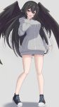  1girl absurdres alternate_costume arm_at_side bangs bare_legs bird_wings black_hair black_wings cardigan commentary_request drawstring fingernails full-length_zipper full_body hair_between_eyes hand_up highres hood hood_down hooded_cardigan legs legs_apart long_hair long_sleeves nail_polish no_pants o1118 open_mouth red_eyes reiuji_utsuho shoes sleeves_past_wrists solo standing touhou very_long_hair wings zipper 