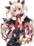  1girl avnas_(otogi:spirit_agents) blonde_hair breasts cleavage_cutout clothing_cutout demon_girl demon_tail demon_wings half_updo highres kiya_machi looking_at_viewer official_art otogi:spirit_agents parted_lips pointy_ears red_eyes short_twintails small_breasts solo tail twintails white_background wings 