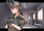  1girl assault_rifle bangs blue_eyes blush brown_hair bulletproof_vest camouflage closed_mouth door green_shirt gun helmet highres holding holding_gun holding_weapon indoors looking_at_viewer military night_vision_device original rifle shirt short_hair sig_sauer sleeves_rolled_up soldier solo upper_body vest waruzamurai weapon window 