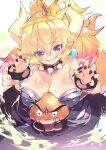  1girl black_dress black_nails blonde_hair blue_eyes blush bowsette bracelet breast_rest breasts breasts_on_head claw_pose collar commentary_request crown dress earrings fujishima-sei_ichi-gou full-face_blush goomba grin hair_between_eyes highres horns jewelry large_breasts long_hair looking_at_viewer mario_(series) nail_polish sharp_teeth smile spiked_bracelet spiked_collar spikes strapless strapless_dress super_crown teeth upper_body white_background 