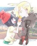  1boy 1girl aoi_(aoi_ykm) black_hair blonde_hair eye_contact floral_print food_in_mouth gladion_(pokemon) green_eyes hood hoodie ice_cream_cone looking_at_another open_mouth pokemon pokemon_(game) pokemon_sm selene_(pokemon) shirt smile standing tied_shirt torn_clothes twitter_username 