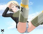  1girl absurdres acrux ass blonde_hair blue_eyes blue_stripes blush crotch erica_hartmann flying highres looking_at_viewer military military_uniform one_eye_closed outdoors panties salute shiny shiny_hair short_hair sky smile solo strike_witches striker_unit striped striped_panties tongue tongue_out underwear uniform white_stripes world_witches_series 