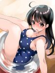  1girl ahoge bad_anatomy bad_arm bad_hands bare_arms bare_legs bare_shoulders black_hair black_swimsuit blush breasts brown_eyes highres innertube kantai_collection large_breasts long_hair one-piece_swimsuit open_mouth polka_dot polka_dot_swimsuit solo swimsuit takase_muh tears twitter_username ushio_(kancolle) 