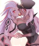  2girls ai_the_somnium_files ai_the_somnium_files:_nirvana_initiative aiba_(ai_the_somnium_files) artificial_eye asymmetrical_docking breast_press breasts cleavage french_kiss hat highres holding_hands interlocked_fingers kiss long_hair looking_at_viewer multicolored_hair multiple_girls okitaima pink_eyes tama_(ai_the_somnium_files) tongue tongue_out very_long_hair white_hair yuri 