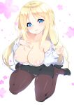  1girl ana_coppola black_footwear blonde_hair blue_eyes blush breasts brown_pantyhose fujishima-sei_ichi-gou full_body hand_on_own_chest highres ichigo_mashimaro large_breasts long_hair long_sleeves looking_at_viewer nipples older open_clothes open_shirt panties panties_under_pantyhose pantyhose pencil_skirt shirt sitting skirt smile solo underwear wariza white_background white_shirt 