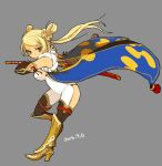  1girl blonde_hair braid breasts cape dated full_body highres long_hair looking_at_viewer mota simple_background solo sword weapon 