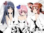  3girls bangs blue_eyes blue_flower blue_hair blue_rose blunt_bangs blush breasts brown_eyes brown_hair cleavage dot_nose dress flower gloves hair_flower hair_ornament highres long_hair looking_at_viewer magia_record:_mahou_shoujo_madoka_magica_gaiden mahou_shoujo_madoka_magica multiple_girls nanami_yachiyo pink_eyes pink_flower pink_hair pink_rose ponytail red_flower red_rose rose rurushu_ki_san sidelocks simple_background small_breasts smile tamaki_iroha wedding_dress white_background white_dress white_gloves yui_tsuruno 