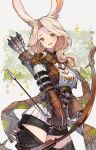  1girl :d animal_ears archer_(final_fantasy) arm_belt avatar_(ff14) belt_buckle black_footwear black_shorts blonde_hair boots bow_(weapon) brown_gloves brown_jacket brown_scarf buckle collared_jacket commission contrapposto corset cowboy_shot cropped_jacket eyes_visible_through_hair fangs final_fantasy final_fantasy_xiv fingerless_gloves fringe_trim gloves green_eyes highres holding holding_bow_(weapon) holding_weapon jacket kemomin_nosuke long_sleeves looking_at_viewer medium_hair open_mouth quiver rabbit_ears scarf shirt short_shorts shorts skeb_commission skin_fangs smile solo sparkle standing thigh_boots viera wavy_hair weapon white_background white_shirt 