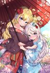  +_+ 2girls blonde_hair blue_eyes blue_kimono blush bow braid breasts brown_kimono closed_mouth collarbone day falling_petals floral_print flower hair_between_eyes hair_bow hair_ornament height_difference highres hikotou_(sao73cat) holding holding_umbrella japanese_clothes kanzashi kikumon kimono large_breasts long_hair looking_at_viewer multiple_girls off_shoulder oil-paper_umbrella one_side_up original outdoors parted_lips petals pointy_ears print_kimono purple_flower red_bow red_umbrella single_braid smile umbrella upper_body white_hair wide_sleeves 