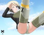  1girl absurdres acrux ass blonde_hair blue_eyes blush crotch erica_hartmann flying highres looking_at_viewer military military_uniform one_eye_closed outdoors panties salute shiny shiny_hair short_hair sky smile solo strike_witches striker_unit tongue tongue_out underwear uniform world_witches_series 
