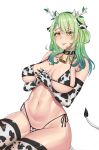  1girl animal_ears animal_print antlers bell bikini black_choker branch breasts ceres_fauna choker cow_ears cow_horns cow_print cow_tail cowbell earrings elbow_gloves fake_animal_ears fake_horns flower gloves green_hair hair_flower hair_ornament highres hololive hololive_english horns jewelry large_breasts leaf long_hair mole mole_under_eye navel neck_bell own_hands_together parted_lips print_bikini print_gloves print_legwear raised_eyebrows ranox side-tie_bikini simple_background sitting skindentation smile solo stomach strap_gap swimsuit tail thighhighs thighs underboob virtual_youtuber wavy_hair white_background white_flower wide_hips yellow_eyes 