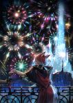  1boy animal_ears bangs black_robe blue_hair bottle building cat_ears city covered_eyes cowboy_shot crystal crystal_exarch final_fantasy final_fantasy_xiv fireworks from_behind giving hair_over_eyes holding holding_bottle hood hood_down hooded_robe kyouka_hatori leaning_on_rail low_ponytail male_focus miqo&#039;te multicolored_hair night night_sky open_mouth out_of_frame outdoors railing red_hair robe short_hair short_ponytail sideways_mouth sky smile solo_focus standing toga tower two-tone_hair 